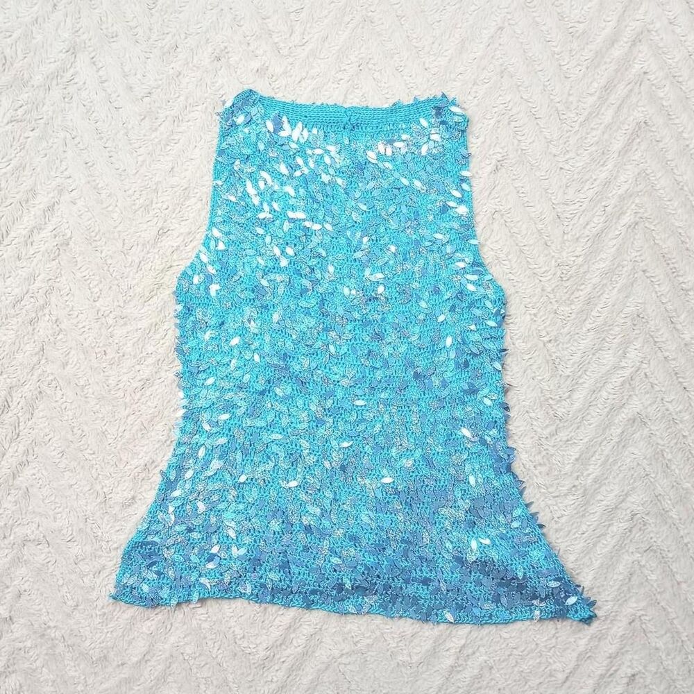 Y2K Blue Iridescent Crochet Sequin Mermaid Top